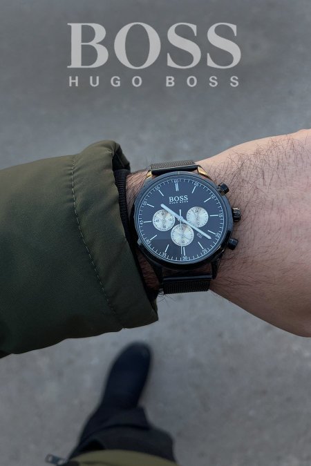 ساعة - Hugo Boss الشبابية / شامل علبة و كيس  - اسود / اسود ٣ دوائر <br> <span class='text-color-warm'>نفدت الكمية</span>